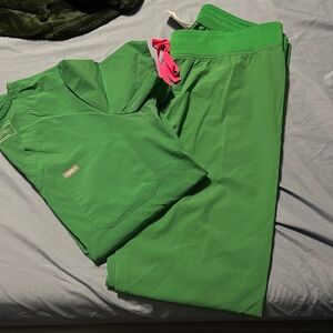 FIGS Green Scrub Set with Pink Accents